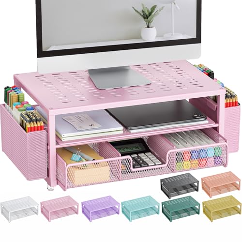 gianotter Monitor Stand with Drawer and Pen Holder, Desk Organizers and Accessories, 2-Tier Monitor Riser, Pink Office Decor for Women(Pink)