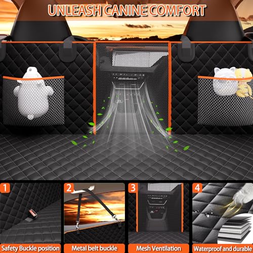 Chilino Back Seat Extender for Dogs Hard Bottom Holds 420LBS,Waterproof Dog Hammock for Car Dog Car Bed,Dog Car Seat Cover for Back Seat with Mesh Window and Storage Pocket for Car, SUV,Truck