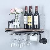 Hängendes Weinregal mit Glashalter und Regal, 2 schwimmende Regale, eiserne Wasserpfeife mit Holzbrett, rustikale schwimmende Barregale, Weinregal, schwimmende Regaleinheit, Bücherregal, Weinregale, A