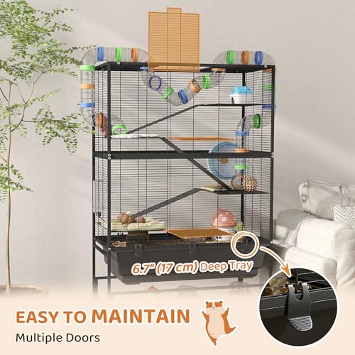 PawHut Rat Cage on Wheels, 5 Tier Large Hamster Cage with 17 cm Deep Tray, Storage Shelf, Big Exercise Wheel, Tube System, Hut, Platforms, Ramps, Water Bottle, Food Dish, for Syrian Hamsters, Rats - Image 4