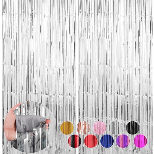 Image of 2 Pack Silver Foil Fringe Curtains Streamers Party Decorations 3.3 x 8.2 ft, Tinsel Curtain Fringe Backdrop for Parties, Silver Door Fringe Birthday Streamers, Photo Booth Backdrops, Party Decor