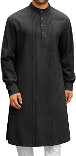 Men's Long Sleeve Stand Collar Kaftan Thobe Button Down Henley Robe Casual Side Slit Front Pleated Gown Shirt Tops