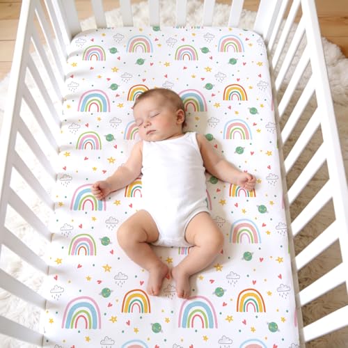 Image of JISEN Baby Crib Sheets Soft Breathable Rainbow Fitted Crib Sheets for Standard Crib and Toddler Mattress Baby Bed Sheets for Boys Girls Neutral 52x28 Inch White