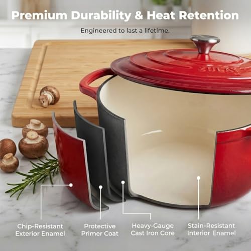 Image of Zulay Kitchen 5 Quart Enameled Cast Iron Dutch Oven Pot with Lid - Premium Durability & Oven Safe up to 500F - Heavy Duty Cookware Perfect for Bread Baking, Stews, Braising & Roasting - Ablaze Red