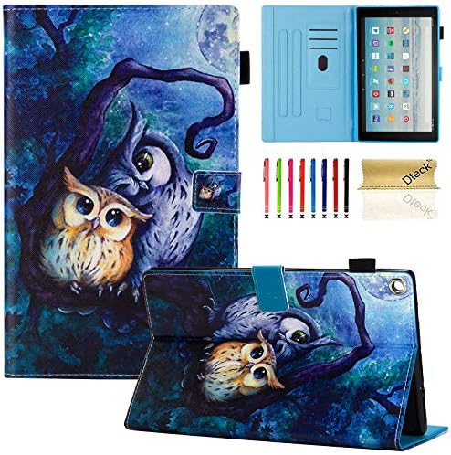 Dteck Case for All-New Fire HD 10 (9th/7th/5th Generation, 2019/2017/2015 Release) - Slim Faux Leather Folio Stand Smart Cover with Auto Wake/Sleep for Kindle HD 10.1 Inch Tablet, Cute Owls