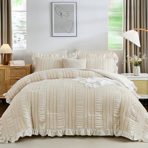 Beige Full Comforter Set 7 Pieces, Boho Ruffle Bedding