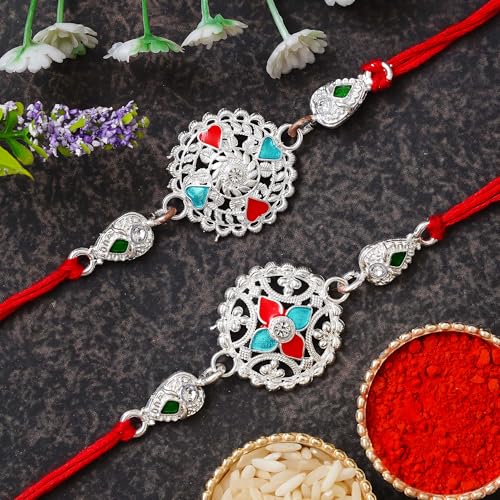 Image of eCraftIndia Unisex Adult Set Of 2 Peacock Feather Designer Rakhis For Brothers With Roli Chawal