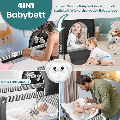 Kidiz® Lettino Per Bambini 3In1, Lettino Da Viaggio, Set - Lettino Con Fasciatoio, Zanzariera, Pareti Laterali Aerate, Navicella, Pieghevole, Fino A 15 Kg, Nero - 5