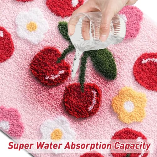 Nhemeylp Non-Slip Bath Mat 40 x 60 cm Absorbent Soft Cute Bathmat Machine Washable Aesthetic Room Decor Microfiber Rug Bath Mats for Shower Bedroom Kitchen Doorway (Cherry) - Image 4