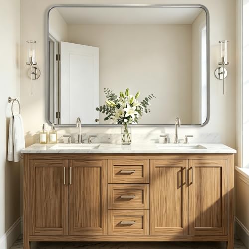 Image of ANDY STAR 36x48'' Brushed Nickel Bathroom Mirror | Rustproof Stainless Steel Frame, Large Rounded Rectangle Bathroom Vanity Mirrors for Over Sinks, Wall Mounted, HD Glass