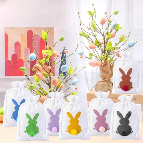 8 Stück Oster-Jutebeutel,Weiß Osterkörbchen,Osternester zum Befüllen,Geschenktüten Ostern,Osterhasen Taschen,Hasen-Jute-Geschenktüten mit Kordelzug,für Ostern Geburtstag Party Gastgeschenke,10 x 15 cm