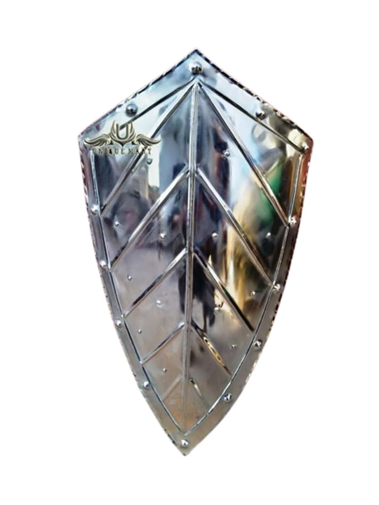 Medieval Functional Historical Knight Heater Shield, Armour SCA LARP Replica Warrior Battle Cosplay Shield, Halloween Costume, Silver, 28 "