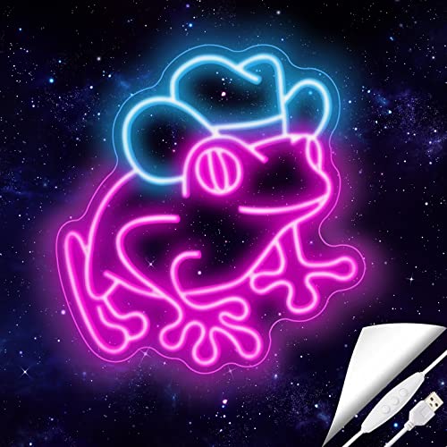 Image of Neon Sign for Wall Decor Frog with Cowboy Hat Led Neon Light for Kids Room Man Cave Bar Store Home Party Art Decor Gifts, Ice Blue & Pink, Dimmable & USB Powered, 12.6 inch x 13.5 inch