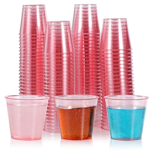 YINCL [100 Pcs] Pink Glitter Plastic Shot Glasses - 1 OZ Mini Disposable Clear Shot Cups Bulk for Jello Sample Tasting Bachelorette Party