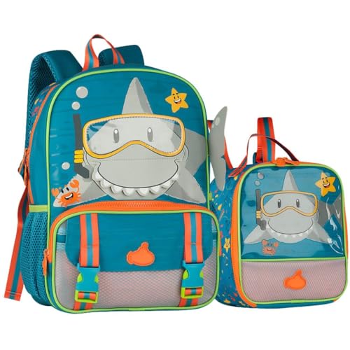 Kit Escolar Infantil Tubarão com Mochila 13 Litros e Lancheira Térmica, Design Interativo, Alças Acolchoadas, Material Reforçado, P/Meninos (Kit Material Escolar Tubarão)