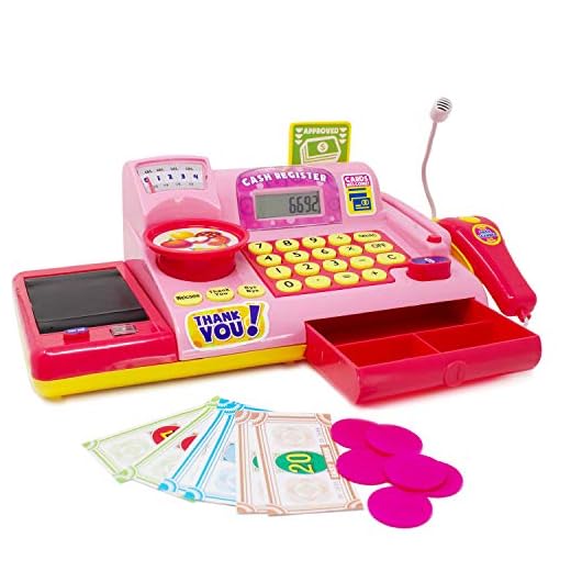 Boley Kids Toy Cash Register - Pretend Play Educational Toy for Kids, Children, Toddlers - Cash Register with Electronic Sounds, Play Money, Grocery Toys, Working Calculator, and More - Pink
