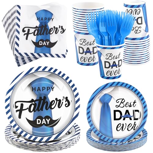 Kochorie 144 Pieces Father's Day Party Tableware Sets Including Disposable Plates Napkins Cups Forks Serves 24 for Father's Day Decorations Dad Grandpa Celebration Happy Father's Day Party Supplies