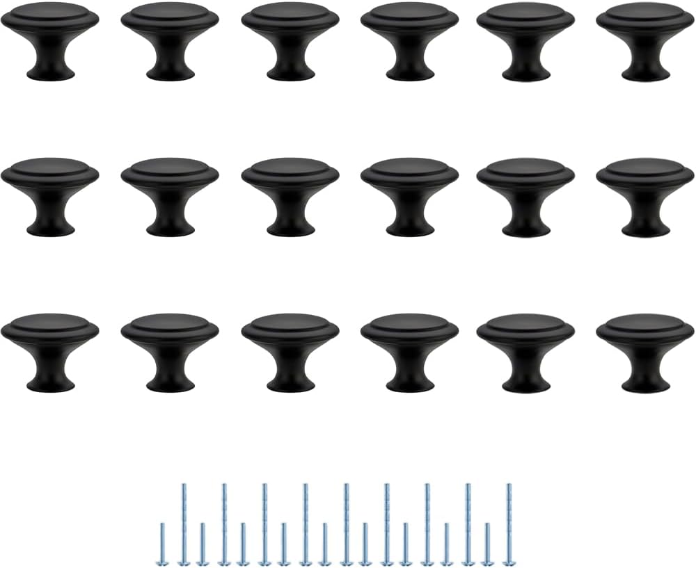 18-Pack Matte Black Cabinet Knobs 30mm Modern Drawer Pulls with Screws for Kitchen Dresser Cupboard Hardware Installation