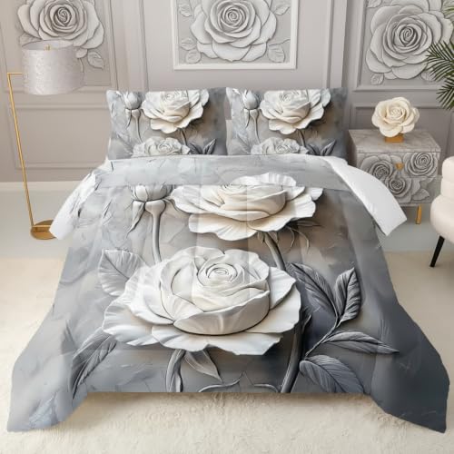 Image of QOOMO Flowers Comforter Set, Twin Size, Gray | Cartoon Plants Bedding, Microfiber Lightweight, 1 Comforter 2 Pillowcases