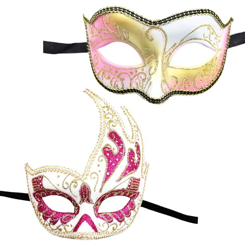 2 Mascara Veneciana para Carnaval con Purpurina Brillante, Mascara Carnaval Veneciana Media Cara Mujer de Material Resistente Pluma, Mascara Baile (Mascara Veneciana Vintage Rosa)