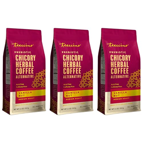 Teeccino Vanilla Nut Chicory Coffee Alternative - 11 Ounce - Ground Herbal Coffee That’s Prebiotic, Caffeine Free & Acid Free, Medium Roast, (Pack of 3)