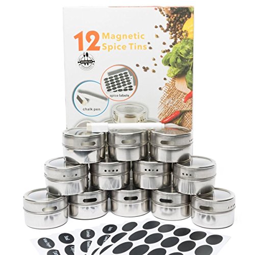 Magnetic Spice Tins by ZeeBelka-12 Multi-Purpose Stainless Steel Containers with 150 labels and chalkboard pen- Round Jars for Storage Organization with Clear Lids-Magnetic on Fridge & Sift/Pour Slots