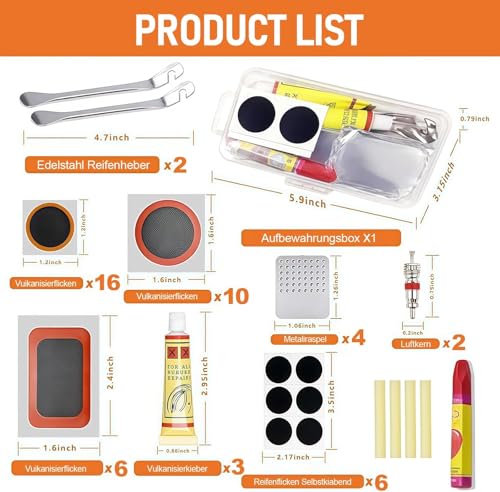 AONAT 56 Piezas Kit Pinchazos Bicicleta, Parches de Reparación de Bicicletas, Parches Bicicleta Autoadhesivo Kit con Palanca para Neumáticos y Lima Metálica para Bici de Carretera/Montaña/Motos - imagen 2