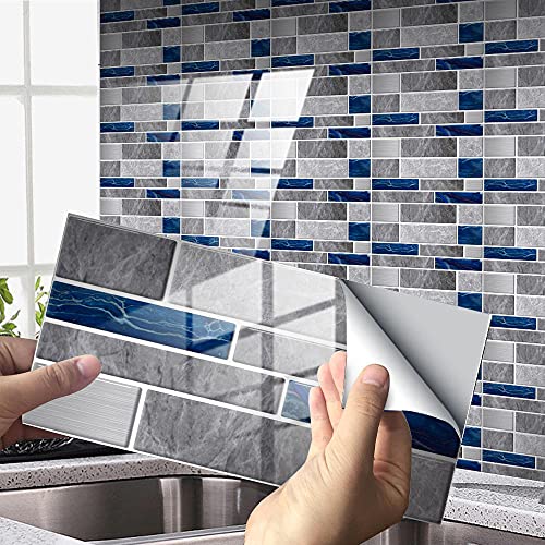 Stick on Tiles Pearl Grey Blue Marble Tile Stickers PVC Self Adhesive Wall Tiles Heat Resistant Tile Stickers for Kitchen Bathroom Waterproof Peel and Stick Floor Tiles Tile Paint 48 pcs