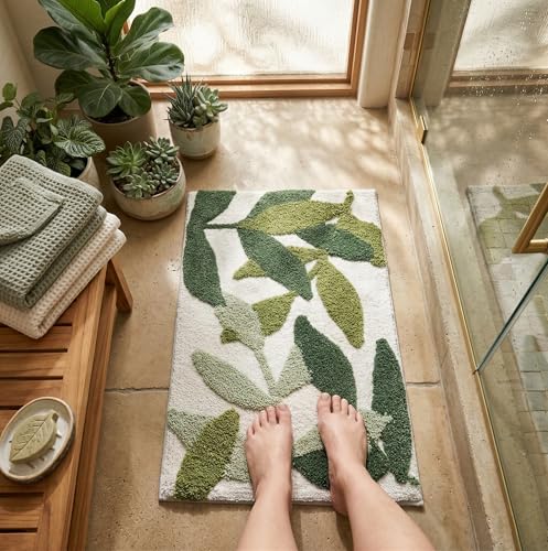 Image of LOOMLYFE Super Soft (40x60 cm) Microfibre 2000 GSM Bath Mat Super Absorbent Anti-Skid Door Mats for Home /Bathroom Mat /Bedroom /Kitchen /Floor Mat Pack of 1 - GreenLeaves