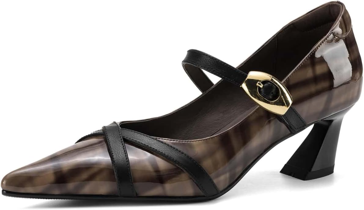 TinaCus Women's Pointed Toe Mary Jane Shoes Genuine Leather Handmade Cross Straps Dress Buckle Pumps