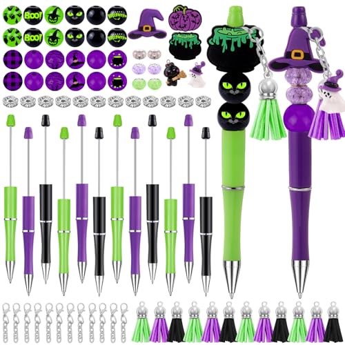 Image of Vellibring 12 Set Halloween Beadable Pens Fall Black Cat Bead Pens Witch Bulk Ballpoint DIY Crafting Pens Making Kit with Pendants Lobster Clasps for Students School Office Supplies