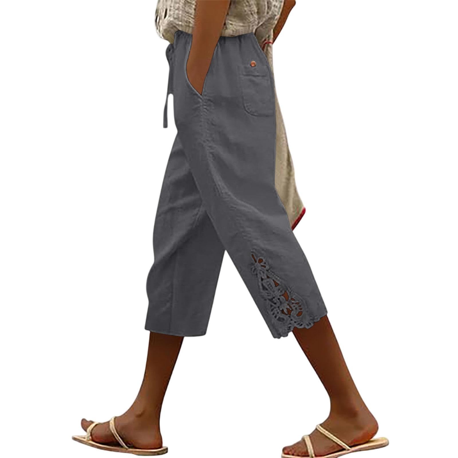Pantalones Pirata Mujer Lino Verano Frescos Cómodo Elásticos Pantalón Deportivo 3/4 Shorts Respirable Pantalones con Palazzo Bolsillos Capris Pantalones Cortos de Algodón y Lino