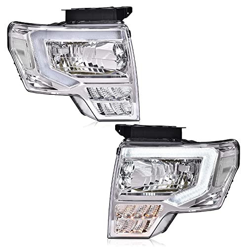 PIT66 LED Headlight Assembly Compatible with Ford F150 2009 2010 2011 2012 2013 2014 Driver & Passenger Headlamps Assemblies Clear Lens Chrome Housing