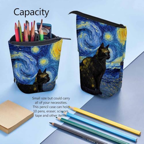 Image of Swono Shambhala Cat Pencil Case Vincent Van Gogh Impressionist Art Sky Scene Standing Pencil Case Pencil Pouch Pencil Holder Blue