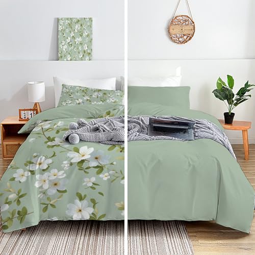 Housse de couette 140x200cm fleurs blanches parure de lit vert sauge - 6