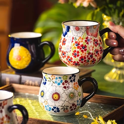 Taza de cerámica floral de 15 oz estilo panzuda miniatura 4
