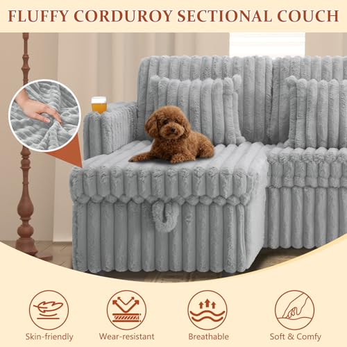 Image of 107'' Sectional Sleeper Sofa with Pull Out Bed, Storage Chaise, Adjustable Backrest, USB Charger, Cup Holder & Side Pocket, Fluffy Soft Corduroy U Shaped Couch for Living Room, Cloud Grey