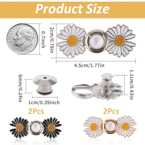 Image of 4Pcs Daisy Jeans Tightening Clips, Flower Detachable Jeans Adjustable Button Pins, Adjustable Waist Buckle for Women, Instant Pants Waist Tighteners for Loose Waist for Pants Skirts