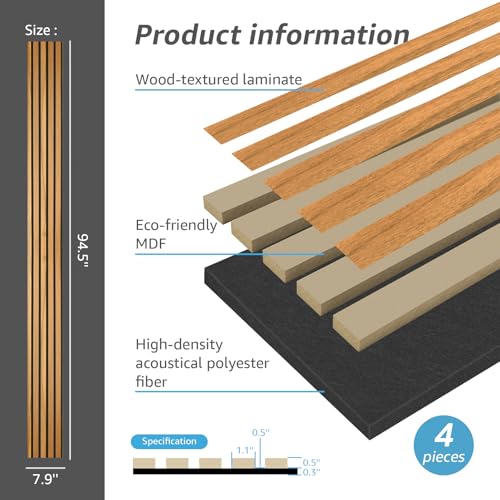 Image of Art3d 4-Pack Soundproof Wood Slat Wall Panels, 94.5 x 7.9 Inch, Warm Teak