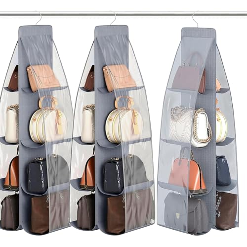 Nsiwem 3pcs Rangement Sac à Main, Rangement Sac à Main avec 8 Poches,Porte-Sac à Main Peu Encombrant avec Crochet en INOX,Peut être Suspendu verticalement pour Le Rangement des Sacs à Main des Femmes