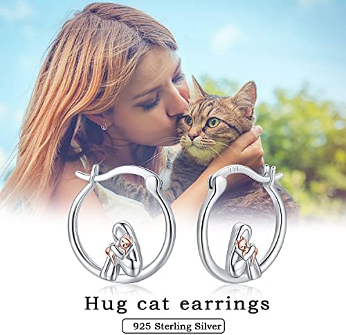 Cat Earrings Rose Gold 925 Silver Cat Gifts for Women Animals Hoop Earrings Hypoallergenic Ear Rings Cat Theme Jewellery for Her Girls Kids Cat Lover