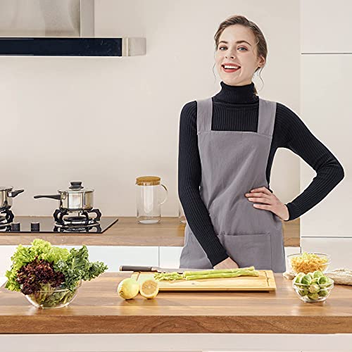 Surblue Cotton Linen Cross Back Aprons Solid Color Unisex Pinafore Vintage Apron Japanese Style With 2 Pockets For Kitchen Cooking Baking Painting Gardening Cleaning For Women Men, Grey #TOP5