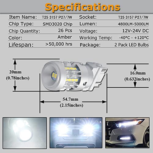 Eluseastar T25 P27/7W 3157 Led Bulbs White 6000K Built In Resistor With 6000Lm Extremely Bright For Car Side Marker Brake Reverse Backup Daytime Running Light, 2 Pack #TOP4