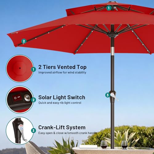 Image of AreShark 9ft 2 Tiers Patio Umbrella with Solar Lights, Outdoor Umbrella w / 32 LED Lights&8 Sturdy Ribs, Table Umbrella for Deck, Backyard, Pool(Red)