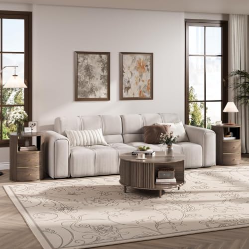 Image of JOINICE Round Coffee Table and End Table Set,31.5 inch Mid Century Modern Living Room Furniture, Walnut Fluted Center Table with Storage & Matching Side Table for Small Space