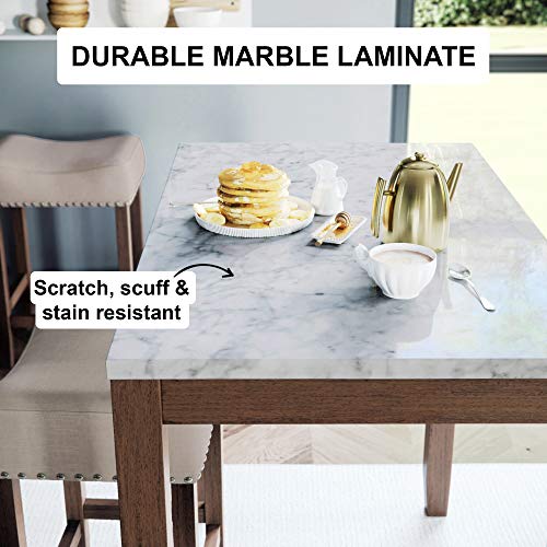 Nathan James Viktor 3 Piece Set, Heigh Kitchen Counter Pub Dining Or Breakfast Table With Marble Top And Fabric Wood Base Seat, Beige/Light Brown #TOP5