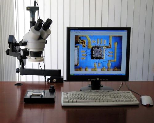 AmScope SM-6TZ-FRL-M Digital Professional Trinocular Stereo Zoom Microscope, WH10x Eyepieces, 3.5X-90X Magnification, 0.7X-4.5X Zoom Objective, 8W Fluorescent Ring Light, Clamping Articulating Arm Stand, 110V-120V, Includes 0.5X and 2.0X Barlow Lenses and 1.3MP Camera with Reduction Lens and Software