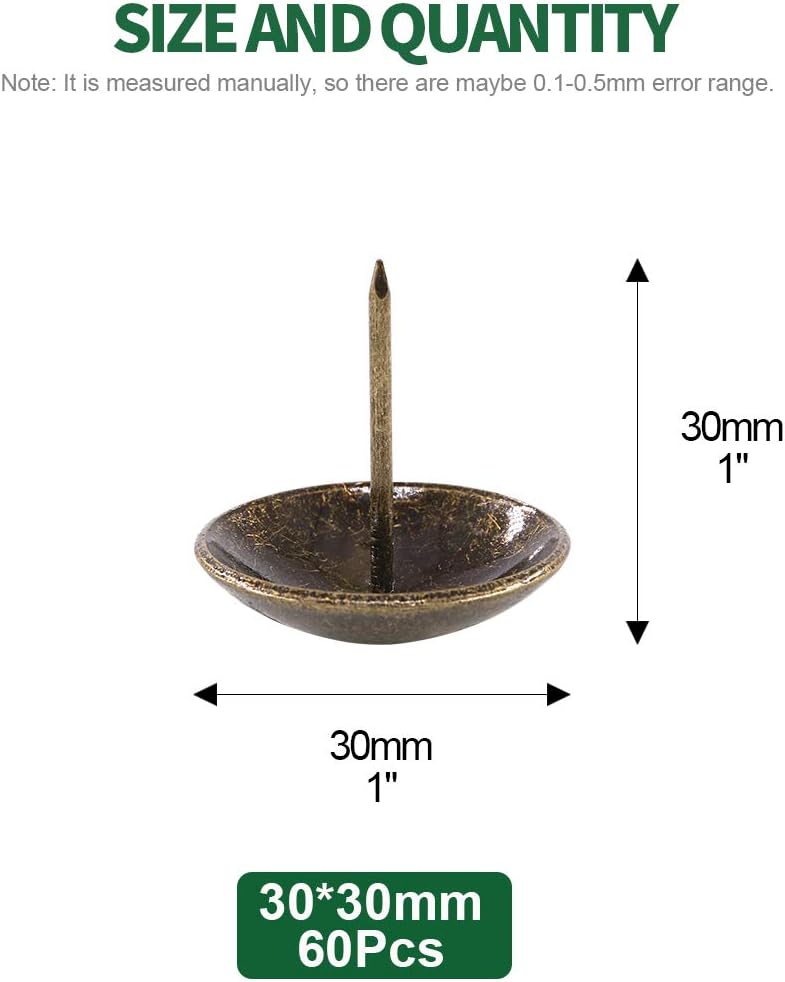 Keadic 65Pcs [ 1-3/16" in Diameter ] Antique Upholstery Tacks Nails Pins Tools Set,Double-Faced Mallet with 2 Replacement Rubber Heads, Staple Lifter and Removal Pliers for DIY Projects - Bronze