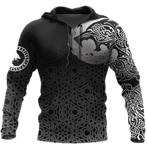 Norse Sweatshirt Zip Hoodie,Fenrir Wolf Odin Viking Tattoo 3D Print Pullover,Celtic Pagan Casual Couples Streetwear