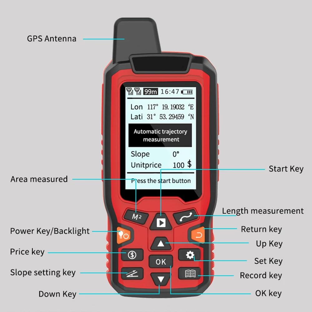 Ręczny sprzęt do pomiarów GPS, Miernik przyrządu do pomiaru terenu GPS z ekranem LCD o przekątnej 2,4 cala do pomiaru powierzchni i odległości